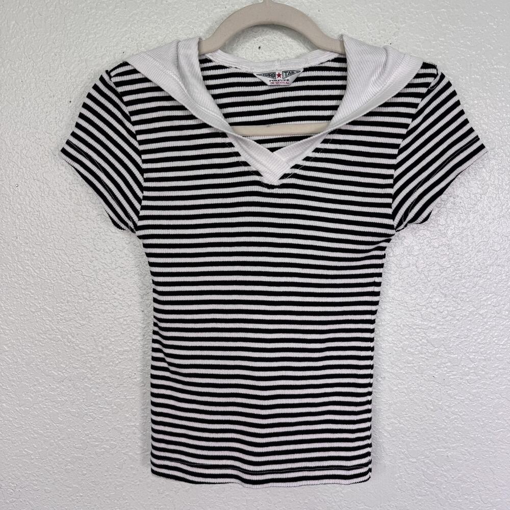 Vintage Hard Tail Top Women One Size Striped Hooded Y2K V Neck Shirt Black White